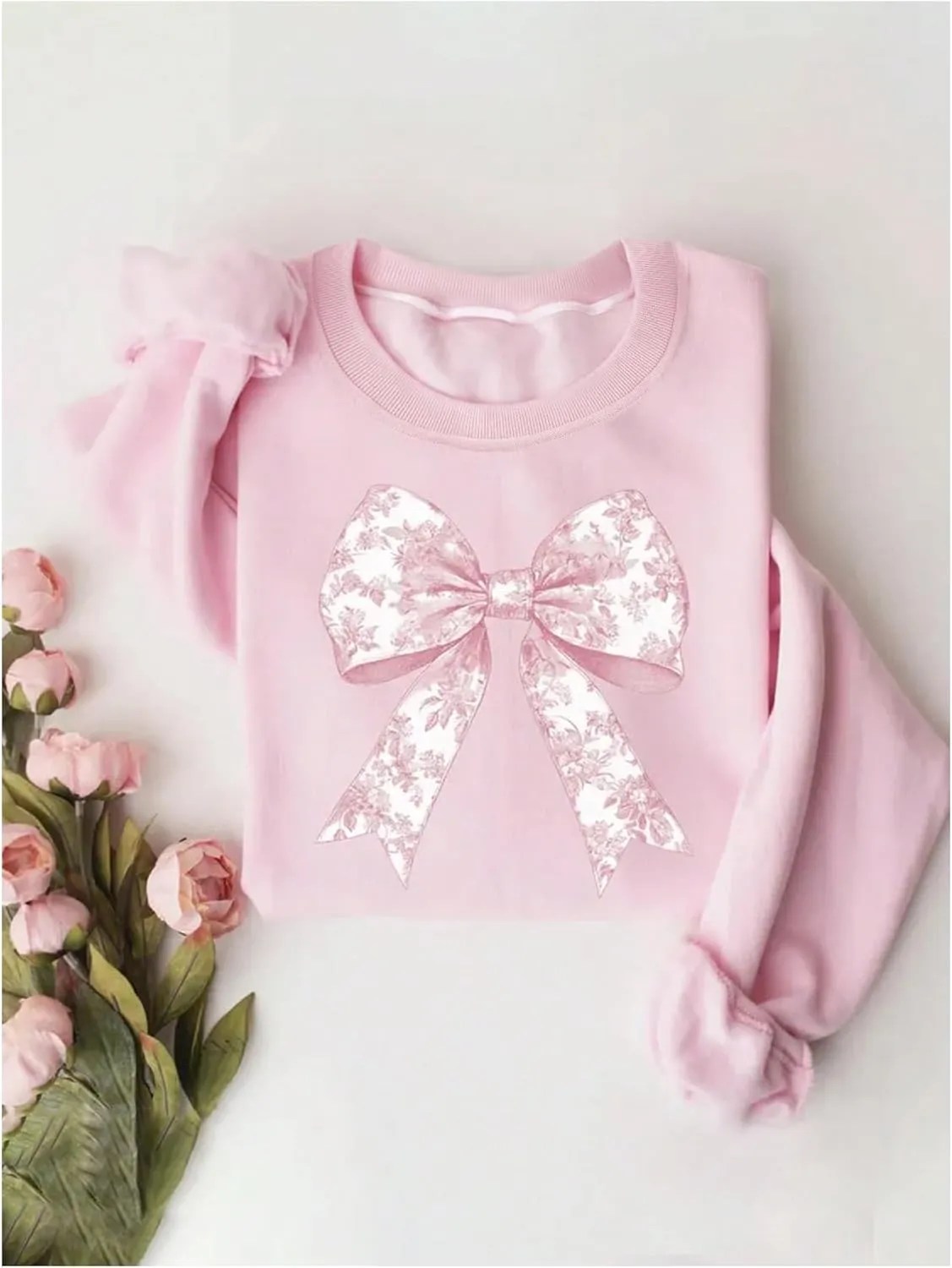 Women's Oversized Sweatshirts Bow Long Sleeve Crewneck Drop Shoulder Graphic Pullover Tops Trendy