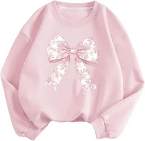 Women's Oversized Sweatshirts Bow Long Sleeve Crewneck Drop Shoulder Graphic Pullover Tops Trendy