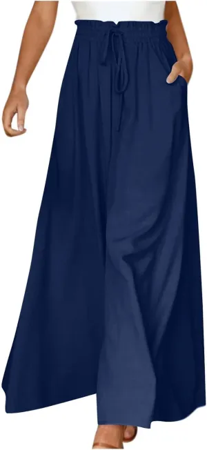 Womens Palazzo Pants Wide Leg Elastic Waisted Chiffon Baggy Flowy Long Lounge Trousers Beach Vacation Pant with Pockets