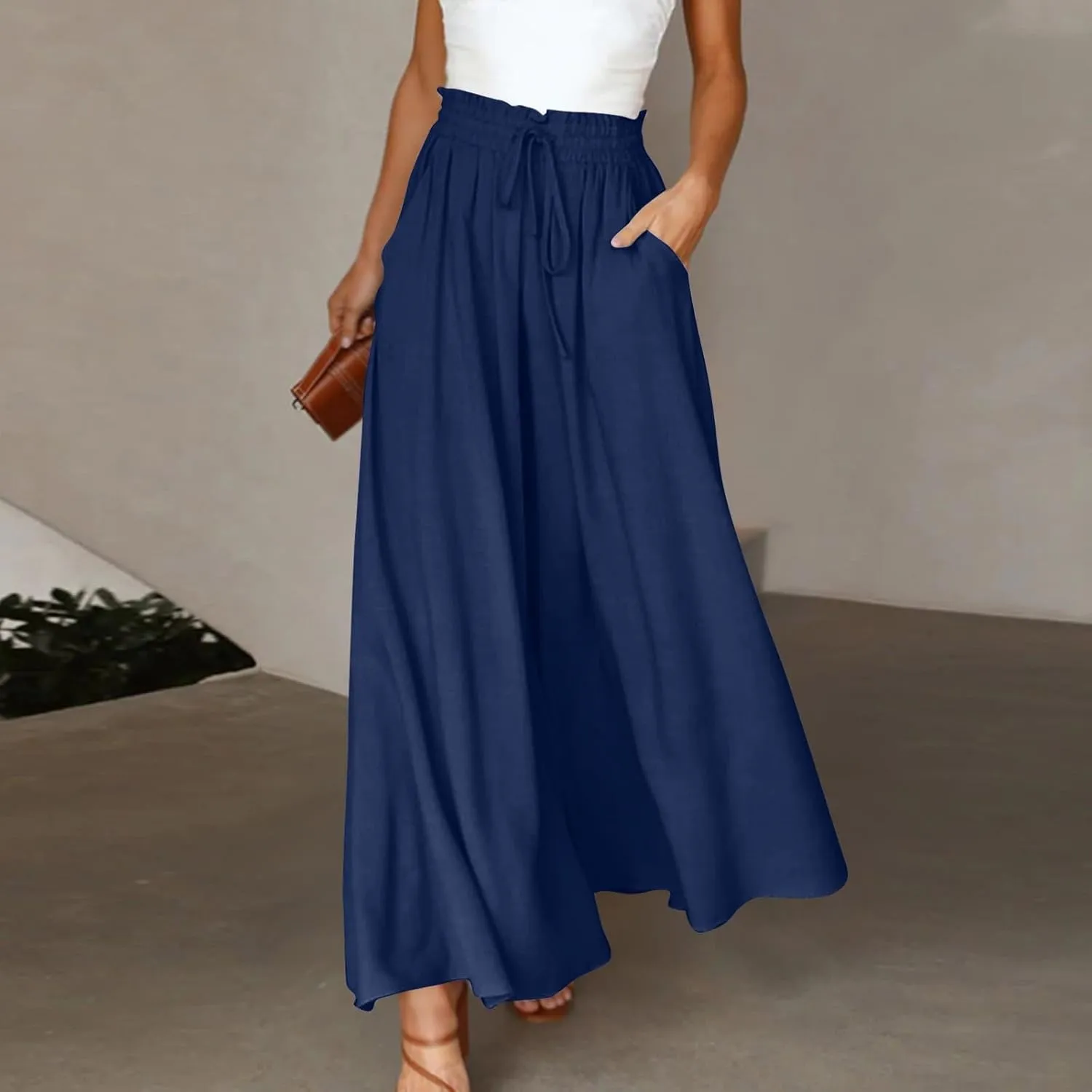 Womens Palazzo Pants Wide Leg Elastic Waisted Chiffon Baggy Flowy Long Lounge Trousers Beach Vacation Pant with Pockets