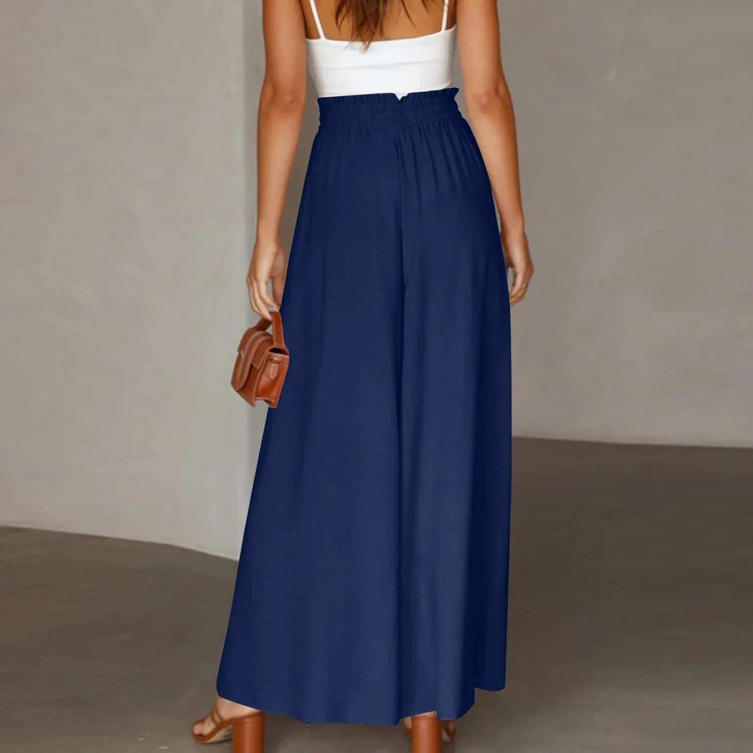 Womens Palazzo Pants Wide Leg Elastic Waisted Chiffon Baggy Flowy Long Lounge Trousers Beach Vacation Pant with Pockets
