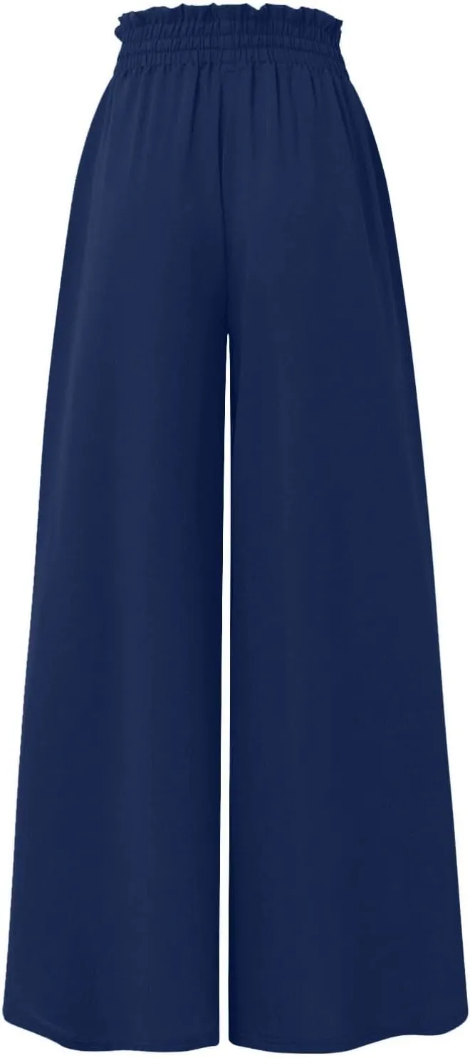 Womens Palazzo Pants Wide Leg Elastic Waisted Chiffon Baggy Flowy Long Lounge Trousers Beach Vacation Pant with Pockets