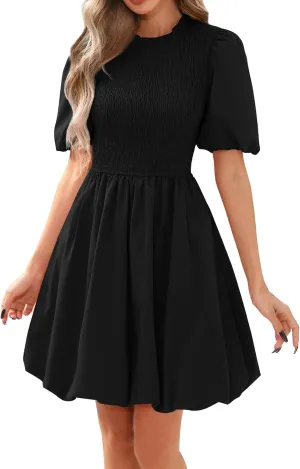 Womens Puff Sleeve Smocked Mini Dress 2025 Summer Crewneck Boho Flare Flowy A Line Ruffle Hem Dresses