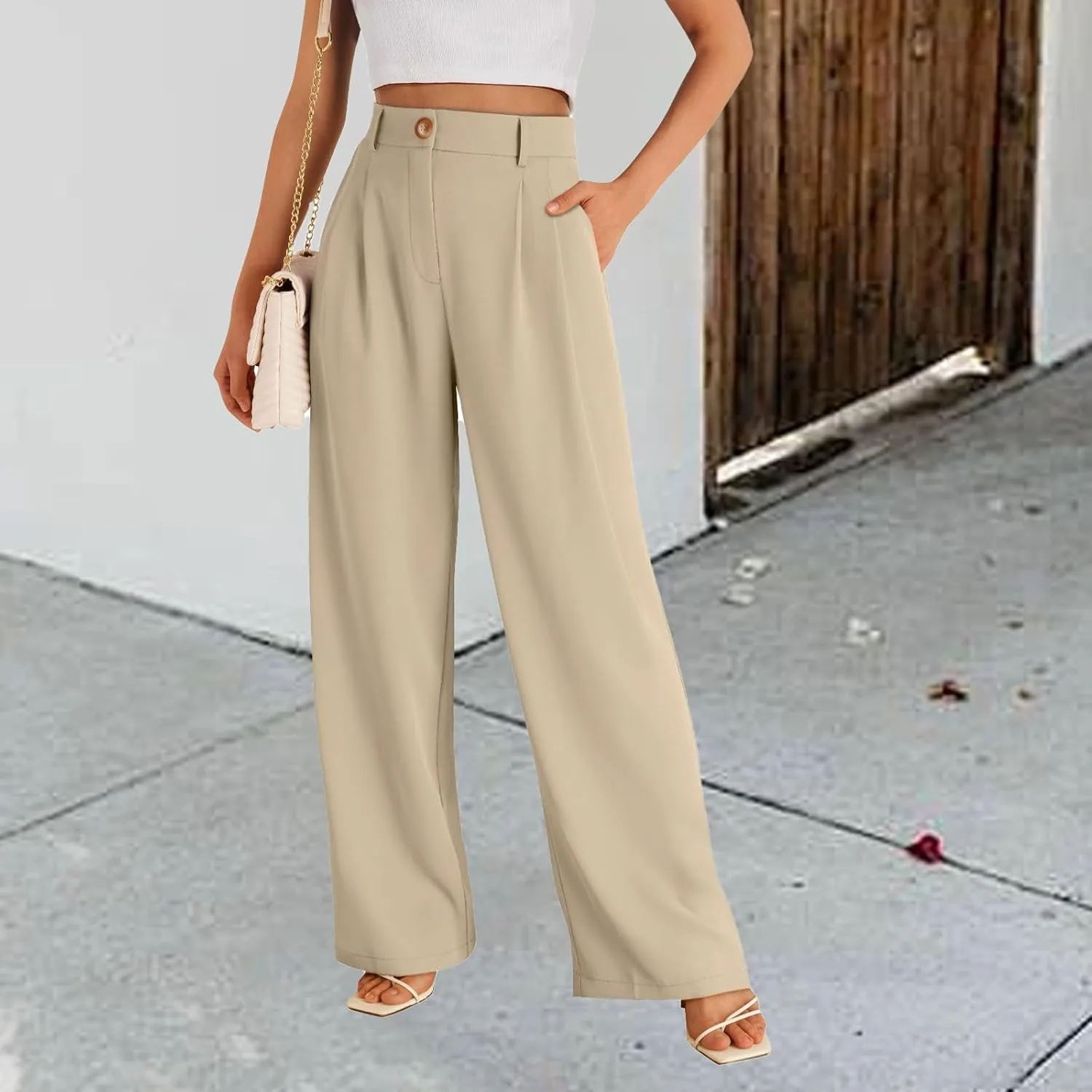 Womens Suit Pants Business High Waist Wide Leg Pant Stretch Button Work Straight Leg Trousers Casual with Pockets