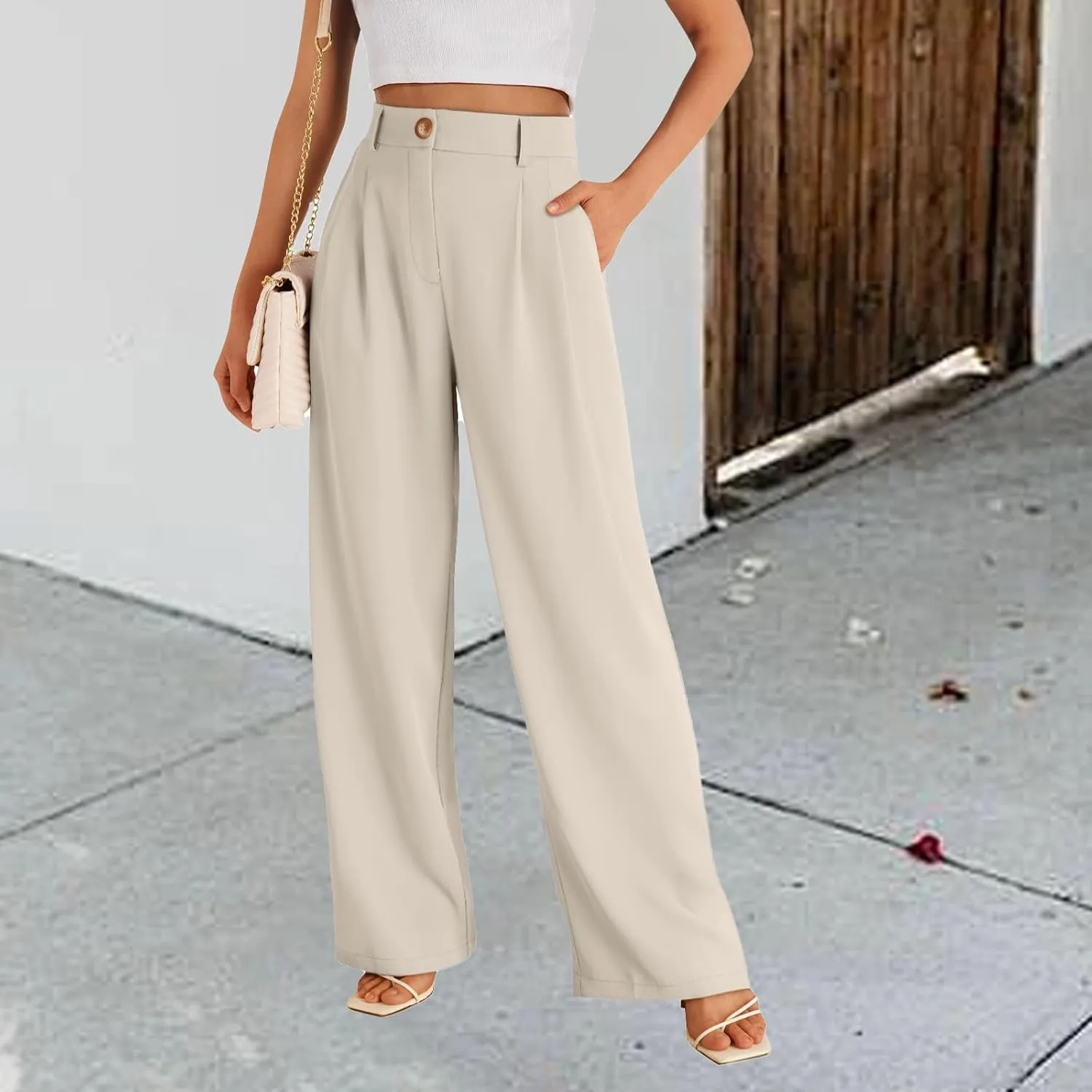 Womens Suit Pants Business High Waist Wide Leg Pant Stretch Button Work Straight Leg Trousers Casual with Pockets