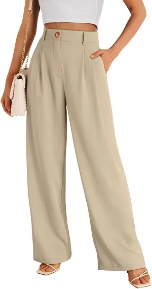 Womens Suit Pants Business High Waist Wide Leg Pant Stretch Button Work Straight Leg Trousers Casual with Pockets