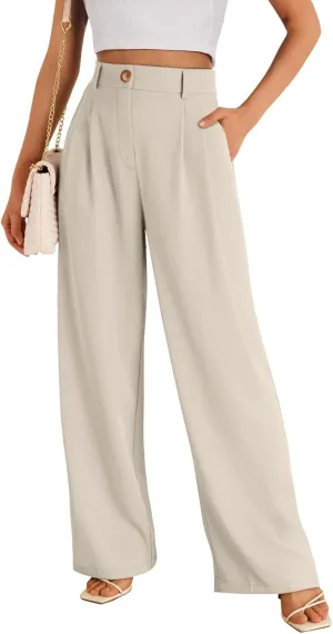 Womens Suit Pants Business High Waist Wide Leg Pant Stretch Button Work Straight Leg Trousers Casual with Pockets