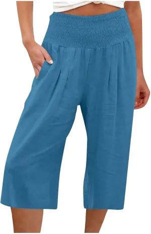 Womens Summer Casual Linen Capri Pants Loose Wide Leg Palazzo Trousers Smocked High Waist Flowy Beach Cropped Pants