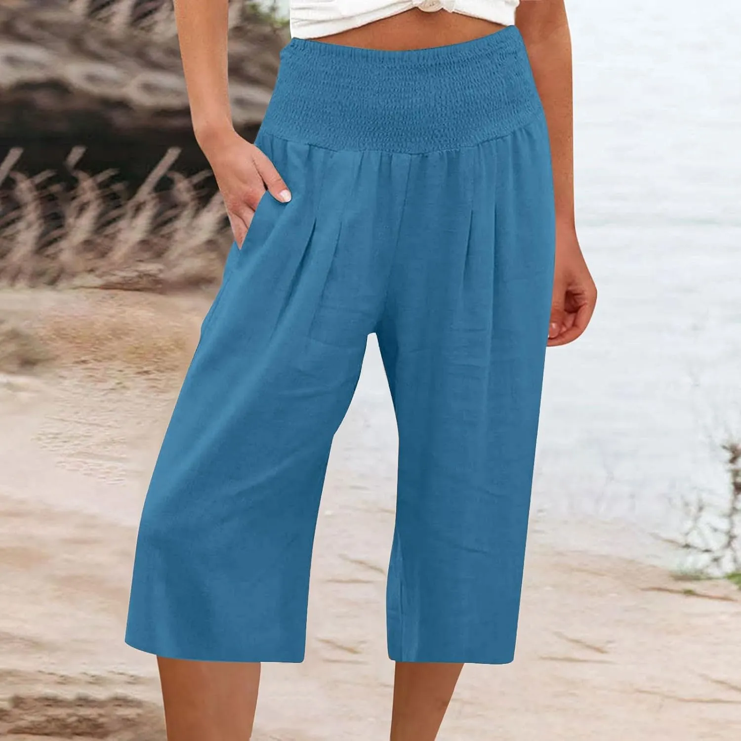 Womens Summer Casual Linen Capri Pants Loose Wide Leg Palazzo Trousers Smocked High Waist Flowy Beach Cropped Pants