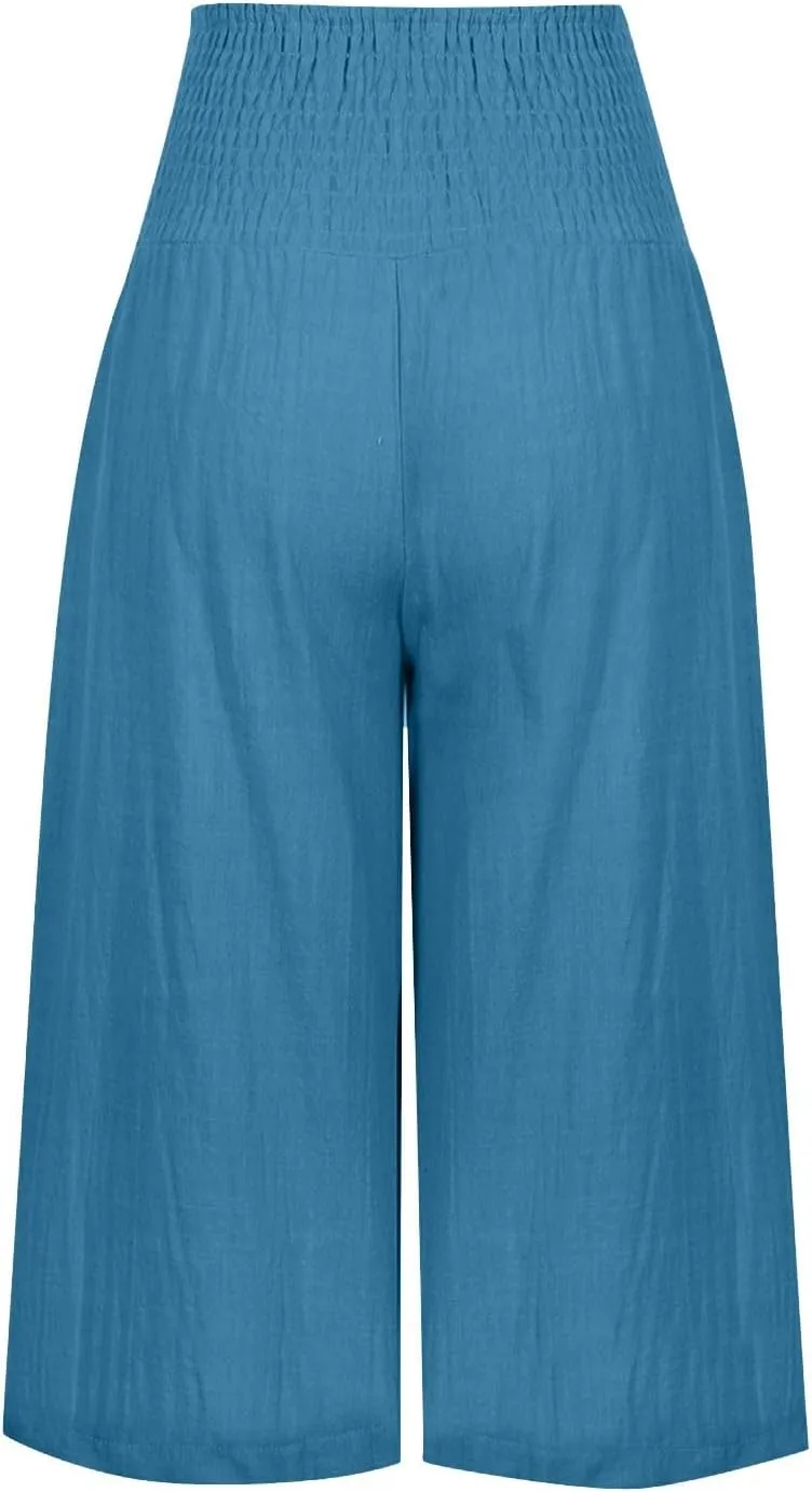 Womens Summer Casual Linen Capri Pants Loose Wide Leg Palazzo Trousers Smocked High Waist Flowy Beach Cropped Pants