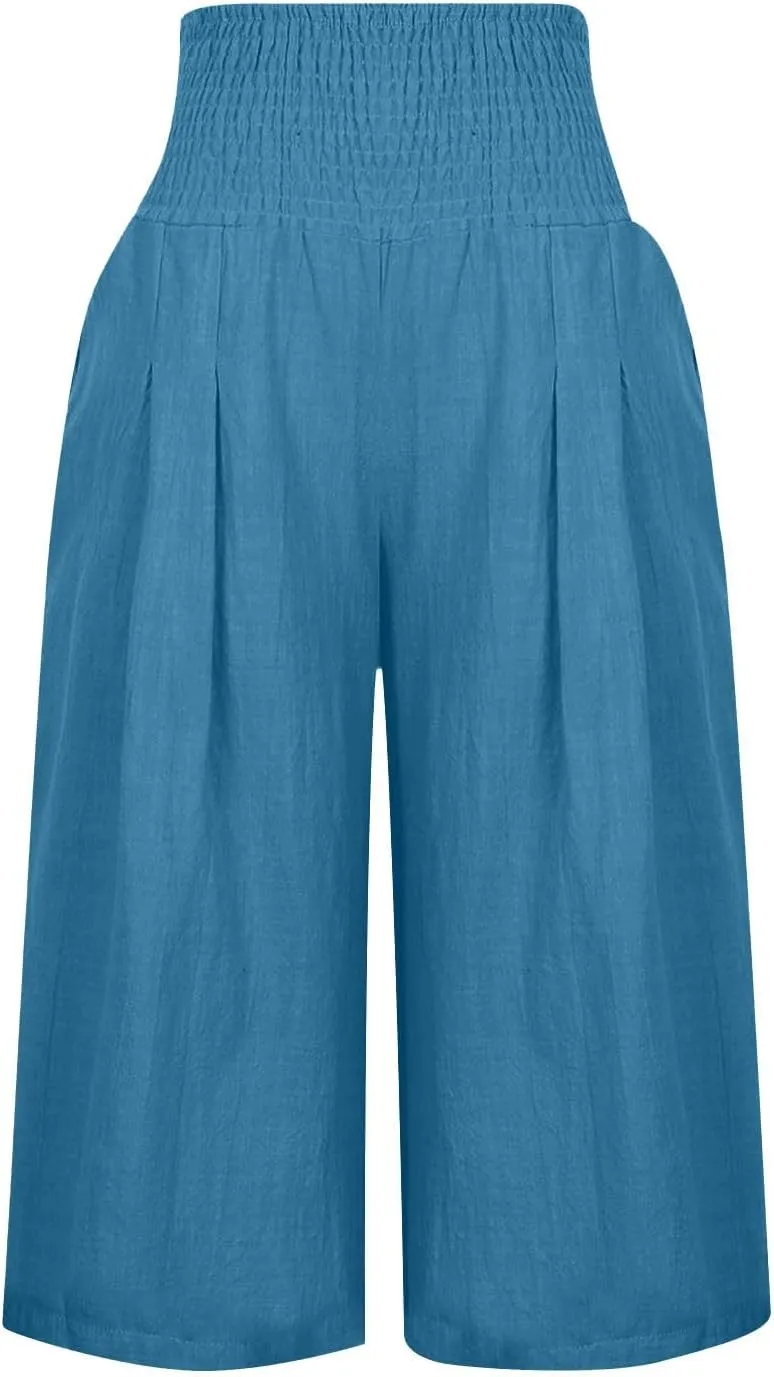 Womens Summer Casual Linen Capri Pants Loose Wide Leg Palazzo Trousers Smocked High Waist Flowy Beach Cropped Pants