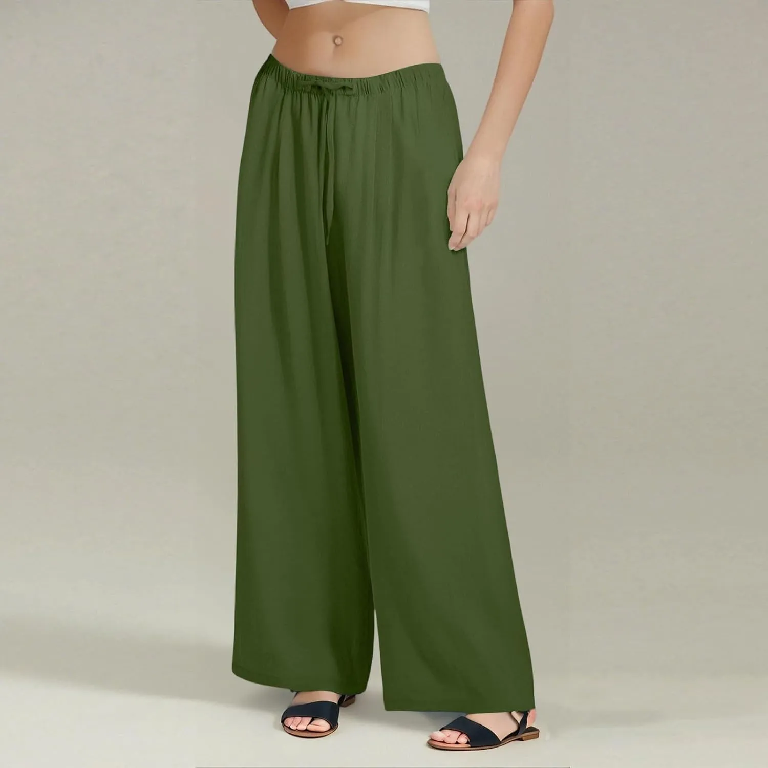 Women's Summer Elastic Waist Wide Leg Pants 2025 Solid Color Cotton Linen Lounge Flowy Long Trousers