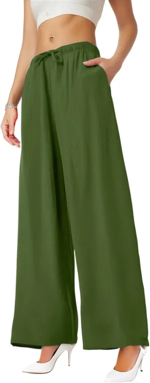 Women's Summer Elastic Waist Wide Leg Pants 2025 Solid Color Cotton Linen Lounge Flowy Long Trousers