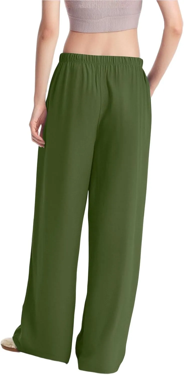Women's Summer Elastic Waist Wide Leg Pants 2025 Solid Color Cotton Linen Lounge Flowy Long Trousers