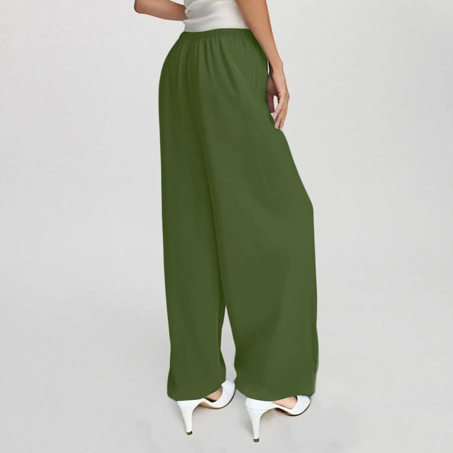 Women's Summer Elastic Waist Wide Leg Pants 2025 Solid Color Cotton Linen Lounge Flowy Long Trousers