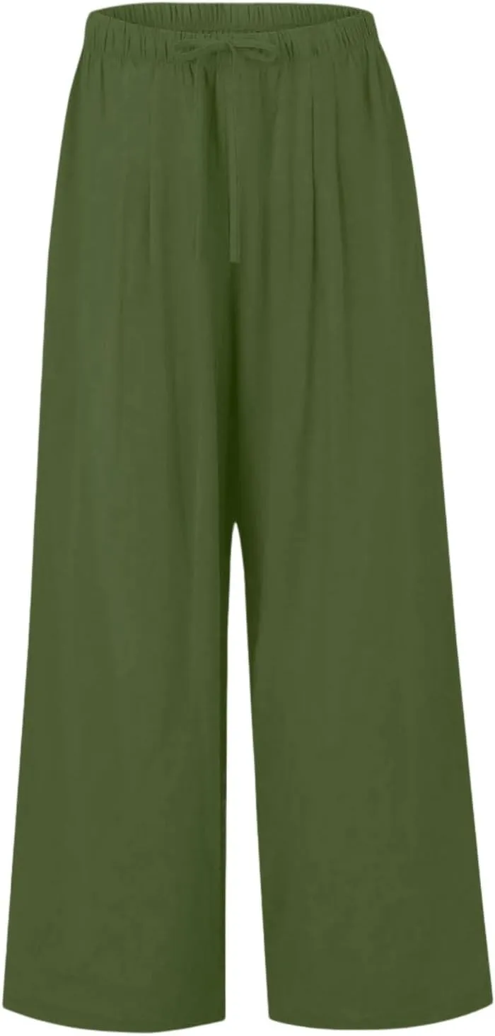 Women's Summer Elastic Waist Wide Leg Pants 2025 Solid Color Cotton Linen Lounge Flowy Long Trousers