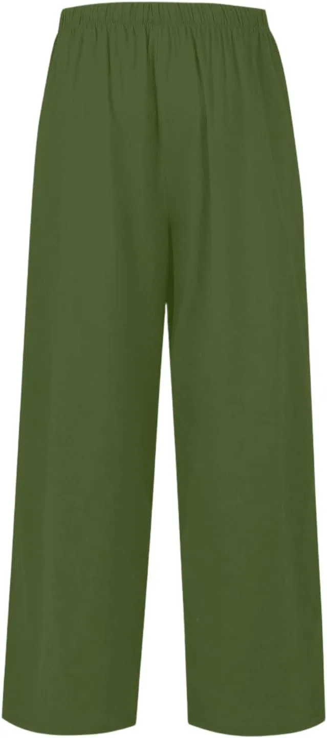Women's Summer Elastic Waist Wide Leg Pants 2025 Solid Color Cotton Linen Lounge Flowy Long Trousers