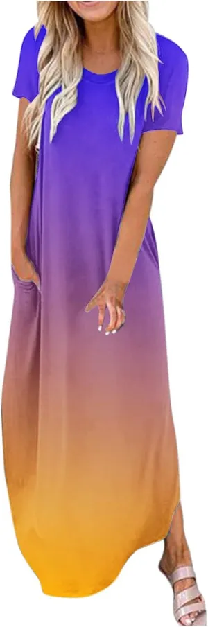 Womens Summer Maxi Dresses Short Sleeve Split Long Dress Gradient Tshirt Dresses Casual Beach Sundress with Pockets
