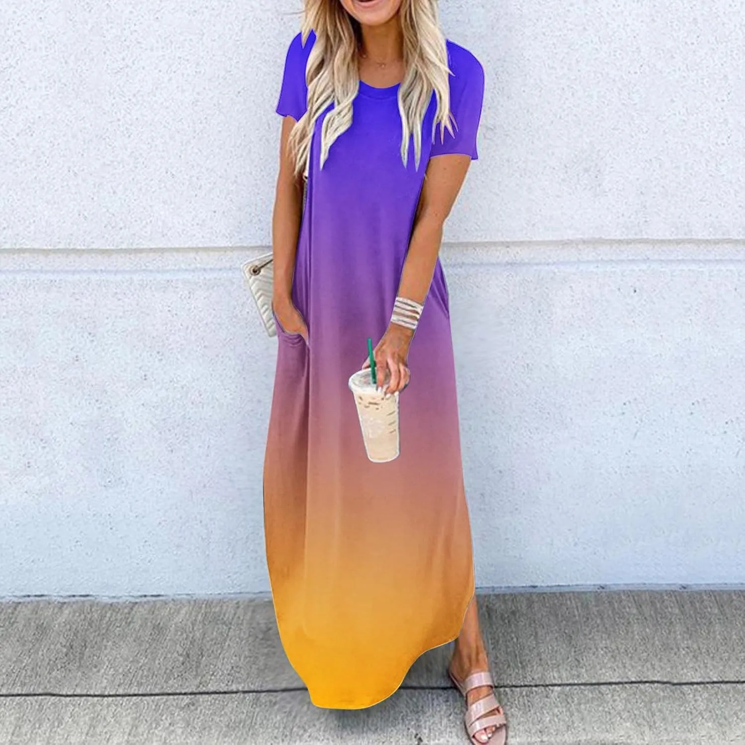 Womens Summer Maxi Dresses Short Sleeve Split Long Dress Gradient Tshirt Dresses Casual Beach Sundress with Pockets