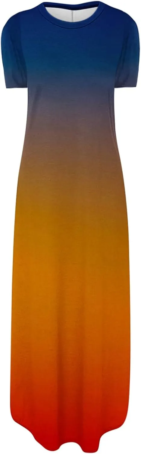 Womens Summer Maxi Dresses Short Sleeve Split Long Dress Gradient Tshirt Dresses Casual Beach Sundress with Pockets