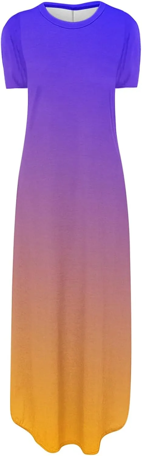 Womens Summer Maxi Dresses Short Sleeve Split Long Dress Gradient Tshirt Dresses Casual Beach Sundress with Pockets