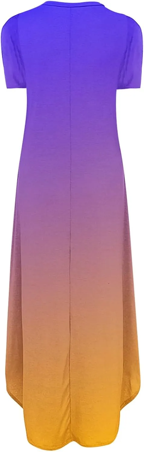 Womens Summer Maxi Dresses Short Sleeve Split Long Dress Gradient Tshirt Dresses Casual Beach Sundress with Pockets