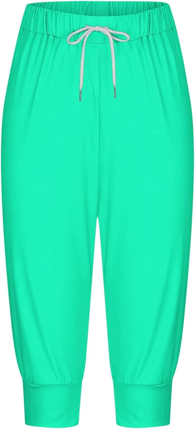 Women's Sweatpants Capris Elastic Drawstring Waist Cropped Jogger Pants Summer Solid Running Lounge Capri with Pocket