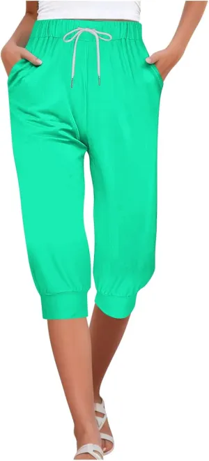 Women's Sweatpants Capris Elastic Drawstring Waist Cropped Jogger Pants Summer Solid Running Lounge Capri with Pocket