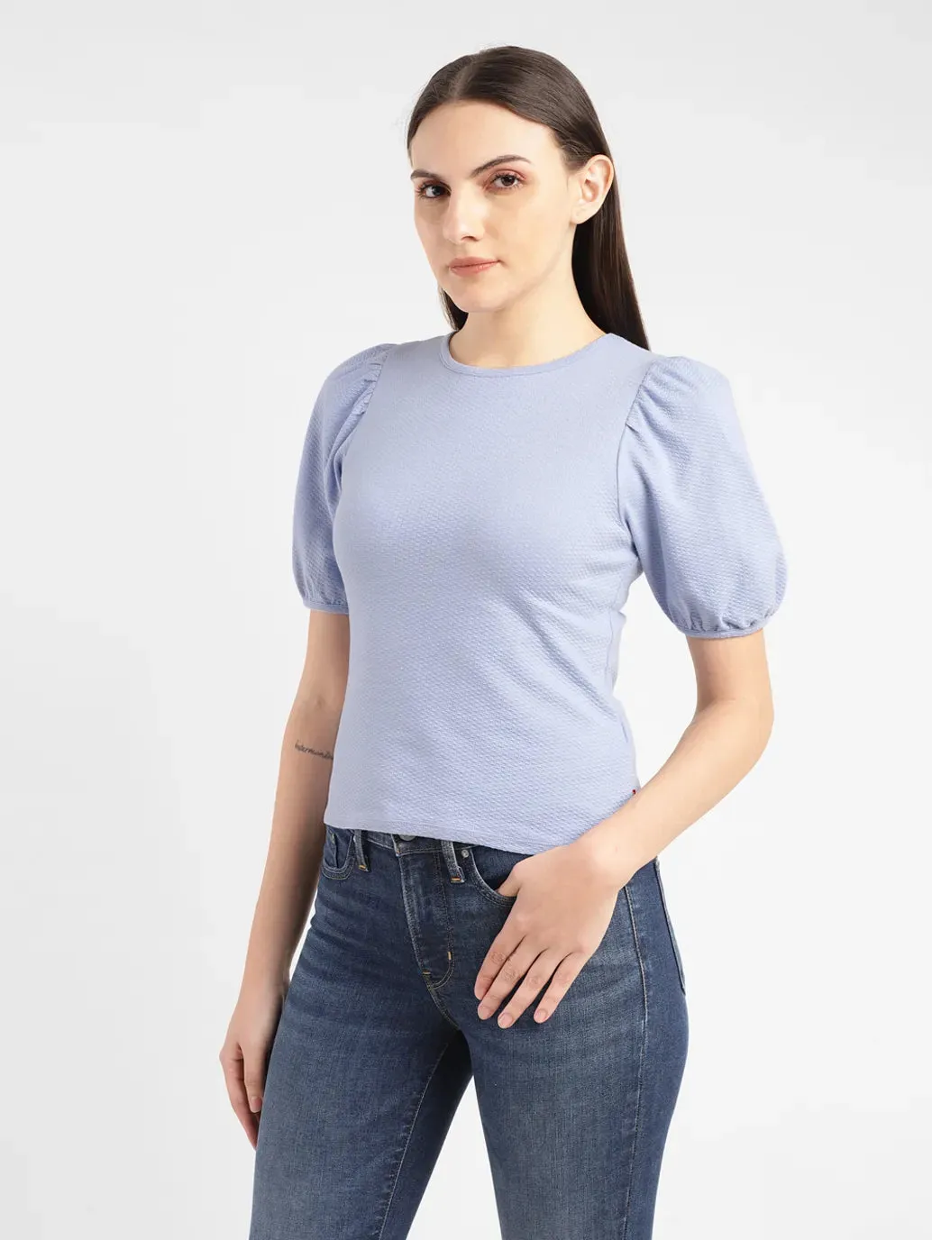 Women's Textured Blue Round Neck Top