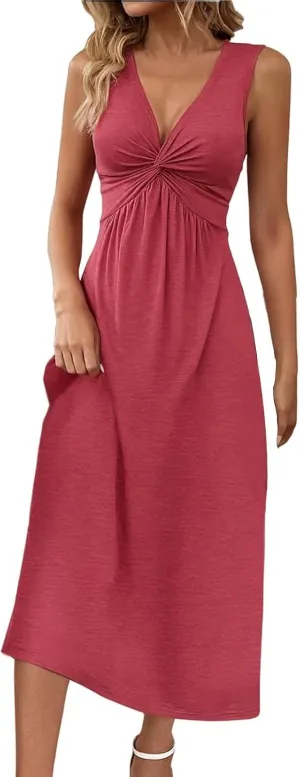 Women's V Neck Front Knotted Dresses Summer Sleeveless A Line Sundress Beach Party Vacasion Dress Outfits