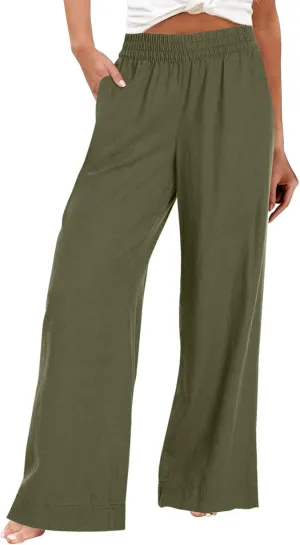 Women's Vintage Striped Print High Elastic Waist Wide Leg Beach Palazzo Pants Pockets Summer Caual Flowy Trousers