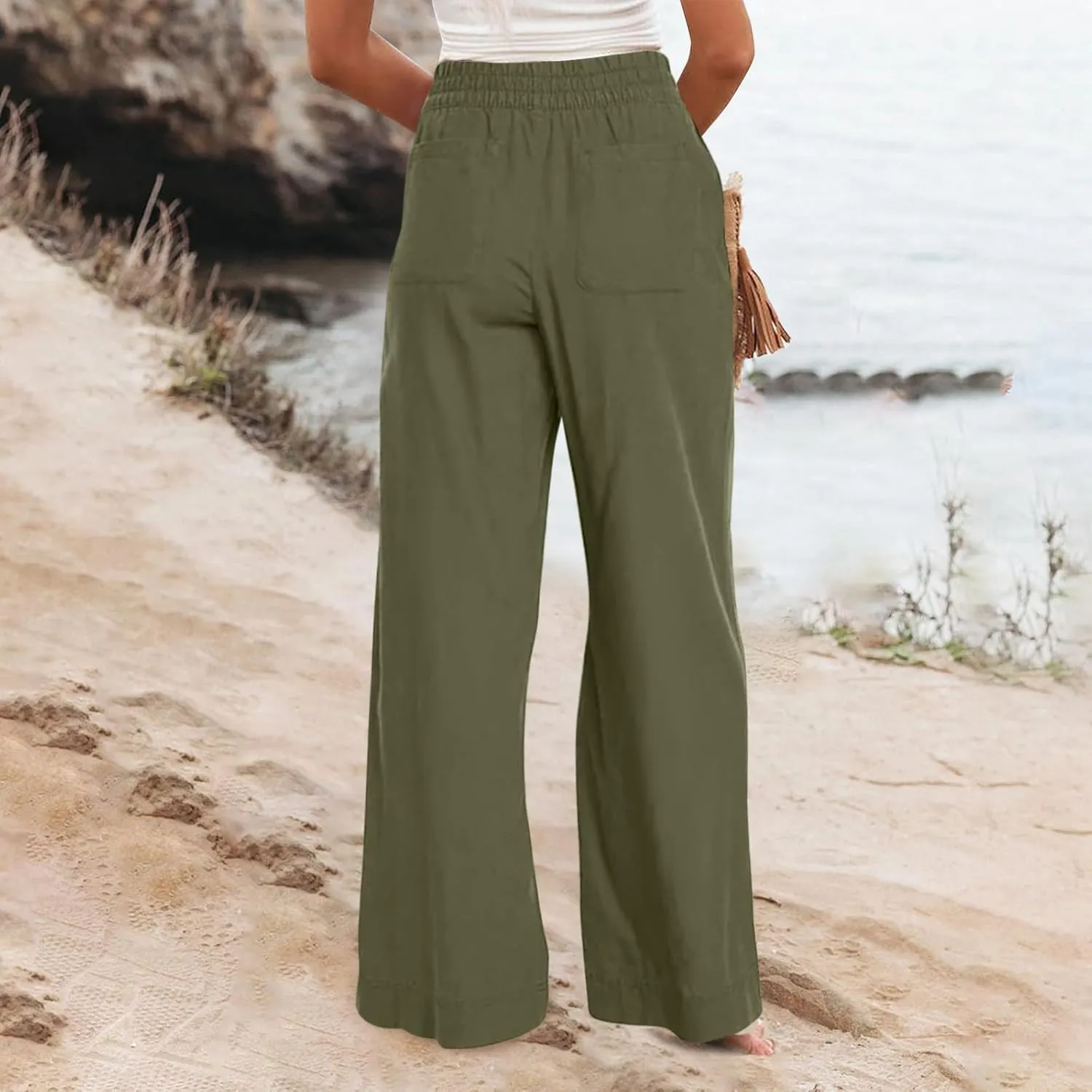 Women's Vintage Striped Print High Elastic Waist Wide Leg Beach Palazzo Pants Pockets Summer Caual Flowy Trousers