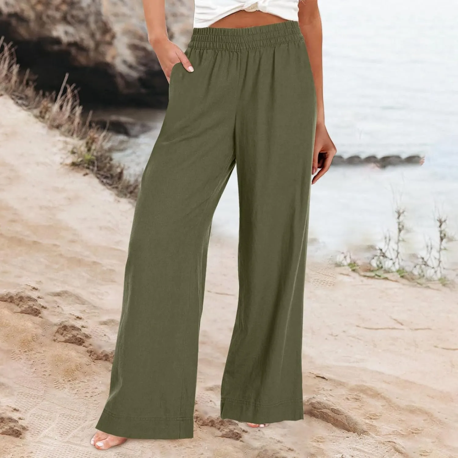 Women's Vintage Striped Print High Elastic Waist Wide Leg Beach Palazzo Pants Pockets Summer Caual Flowy Trousers