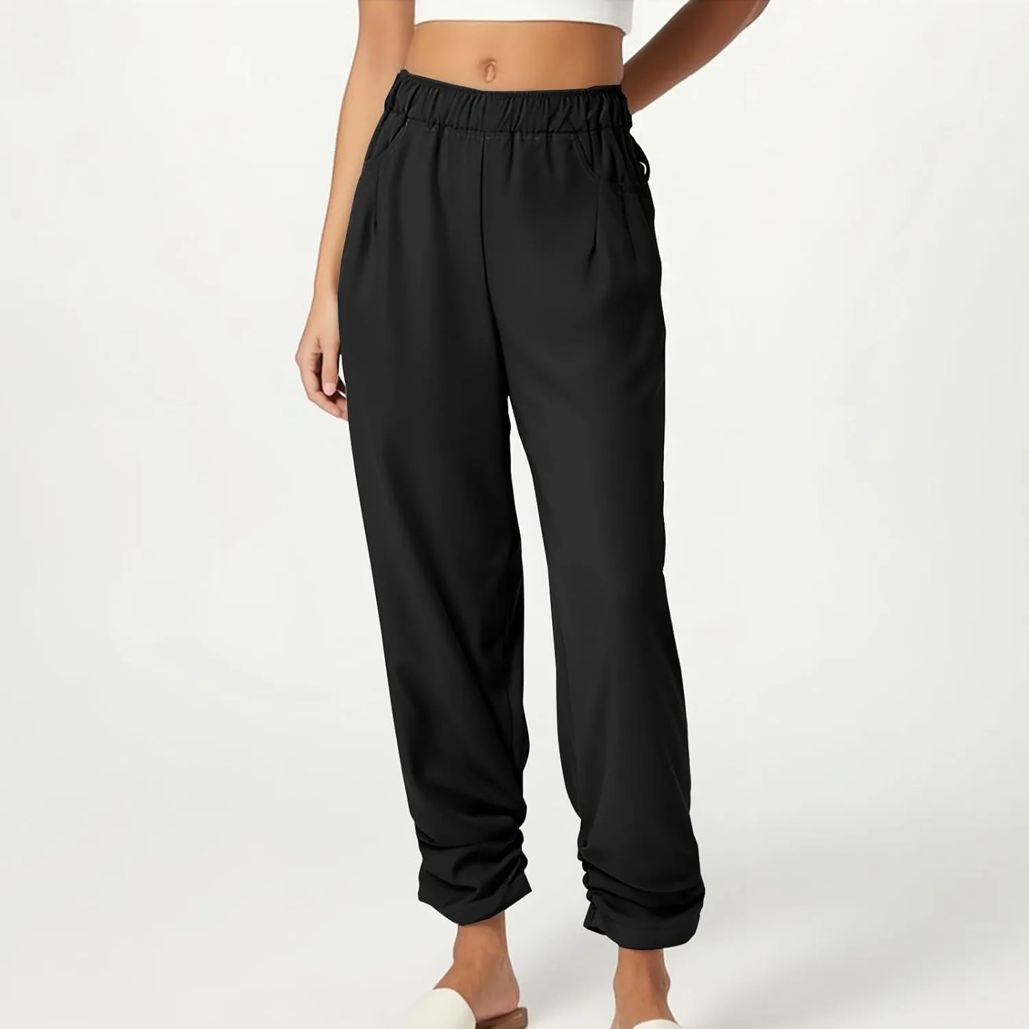 Womens Wide Leg Linen Pants Summer Elastic High Waist Cotton Trouser Lounge Slacks Beach Travel Outfits with Pockets