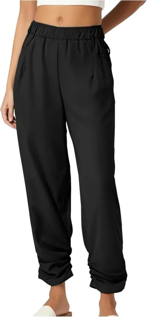 Womens Wide Leg Linen Pants Summer Elastic High Waist Cotton Trouser Lounge Slacks Beach Travel Outfits with Pockets