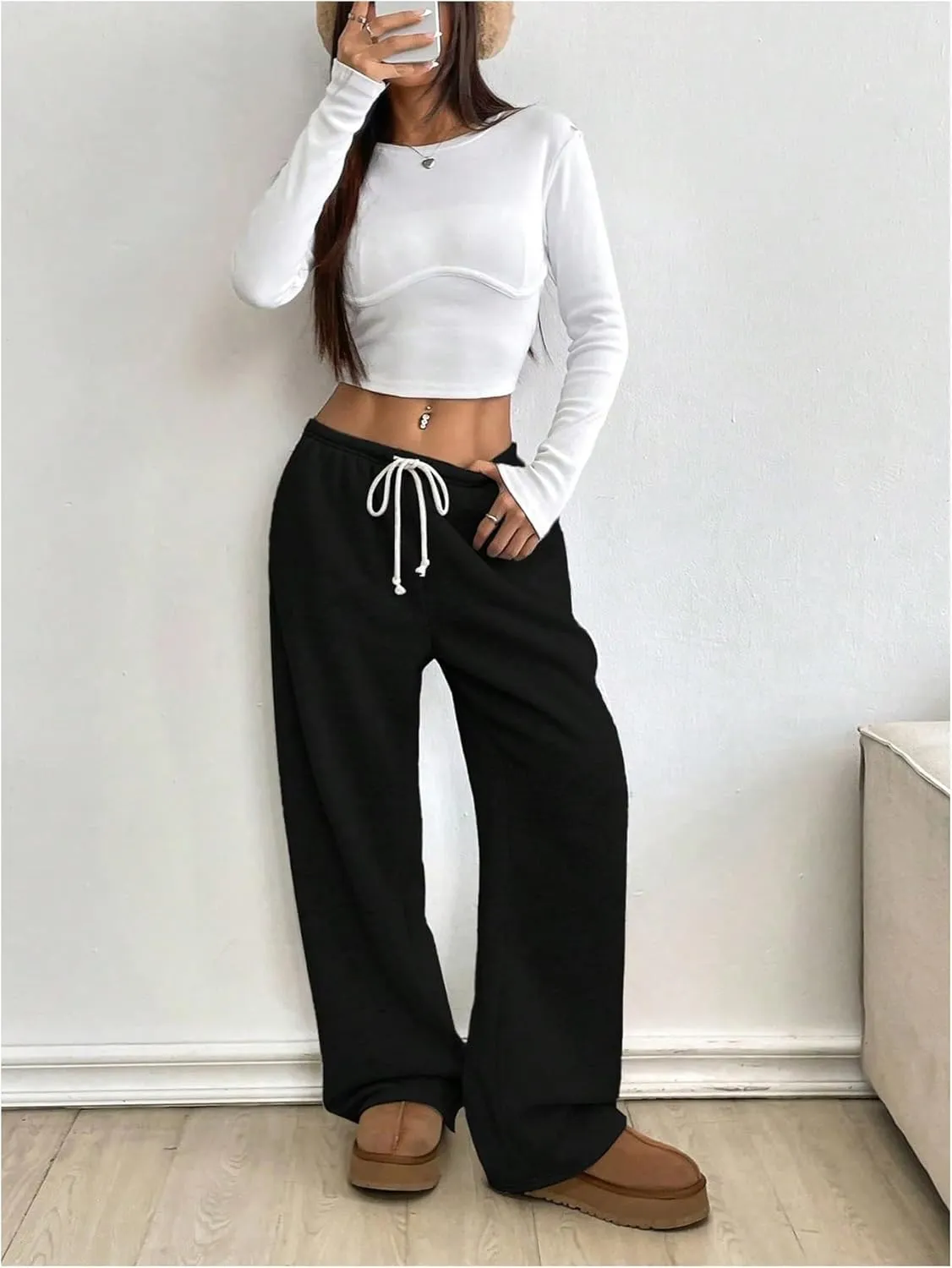 Women's Wide Leg Sweatpants Low Drawstring Waist Workout Track Pants Baggy Trousers