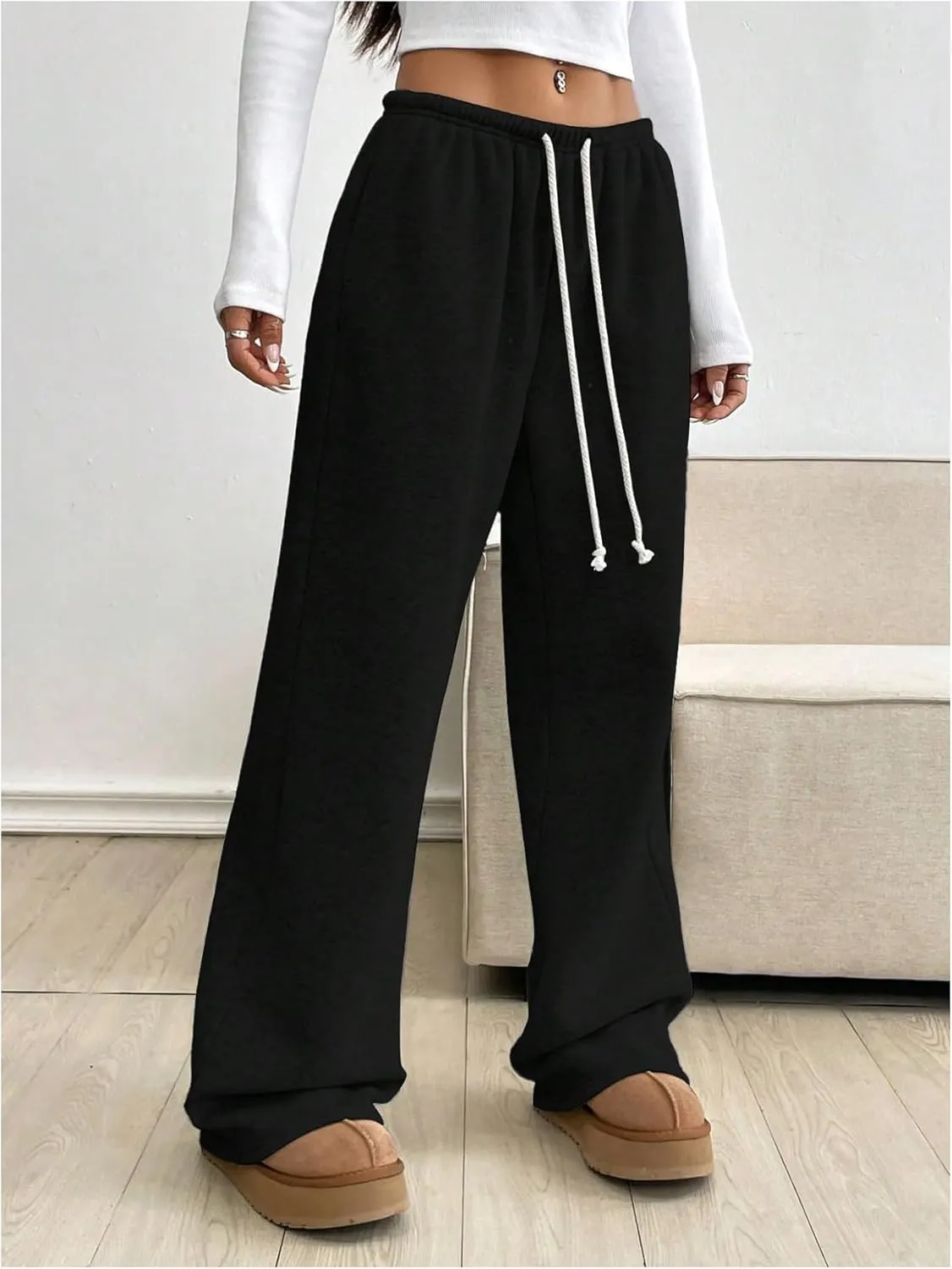 Women's Wide Leg Sweatpants Low Drawstring Waist Workout Track Pants Baggy Trousers