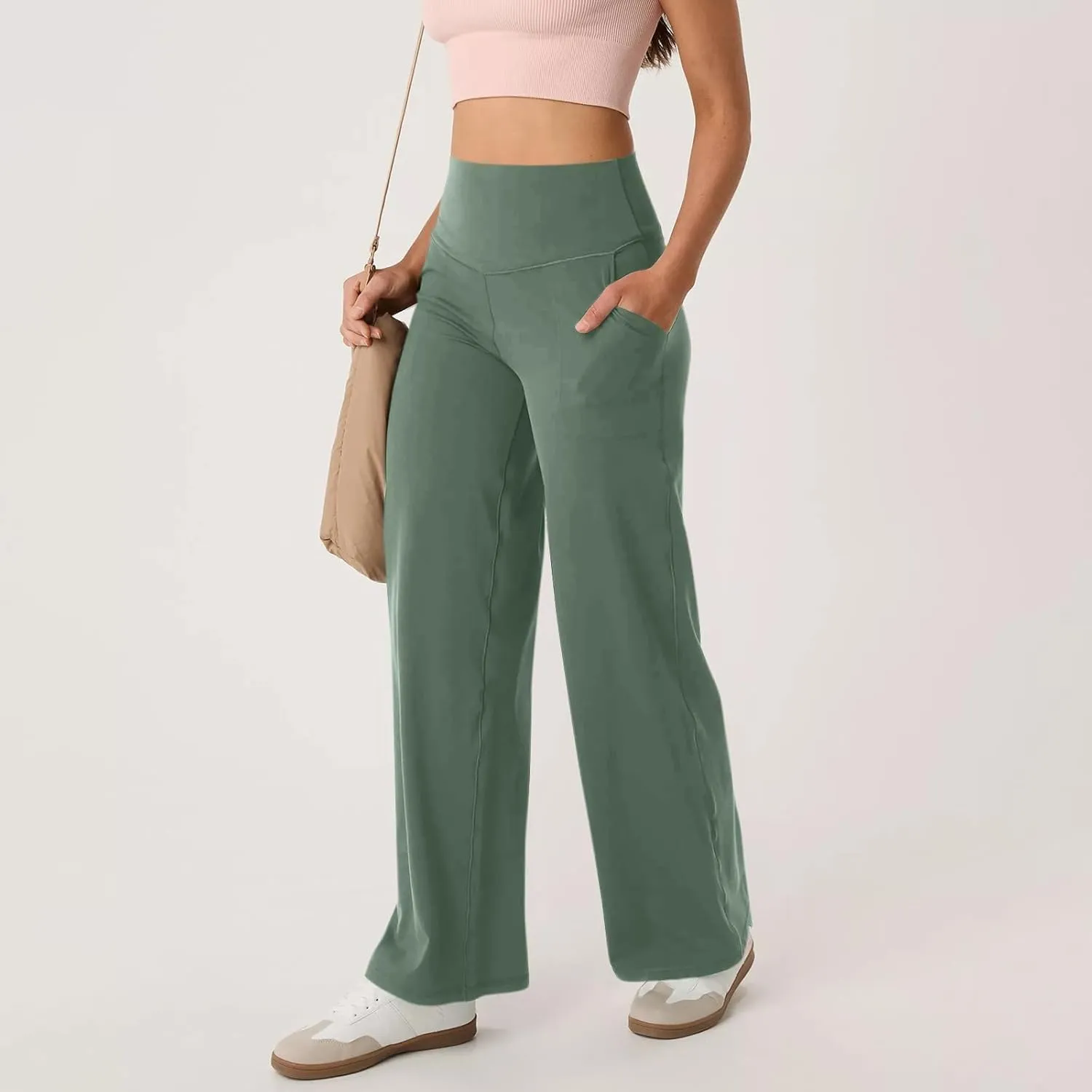 Women's Wide Leg Yoga Pants with Pockets High Waisted Tummy Control Stretch Athletic Workout Casual Flare Leggings