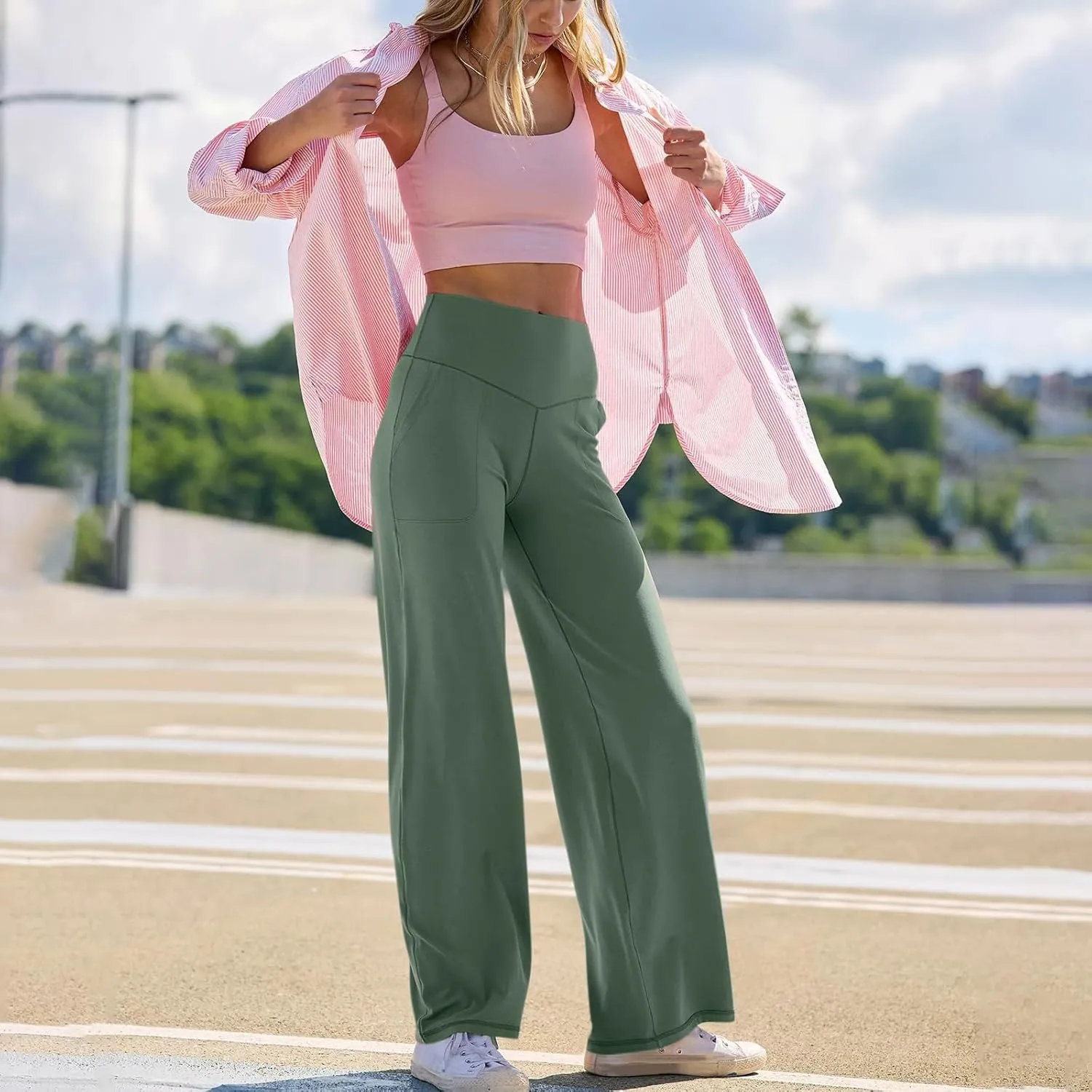 Women's Wide Leg Yoga Pants with Pockets High Waisted Tummy Control Stretch Athletic Workout Casual Flare Leggings