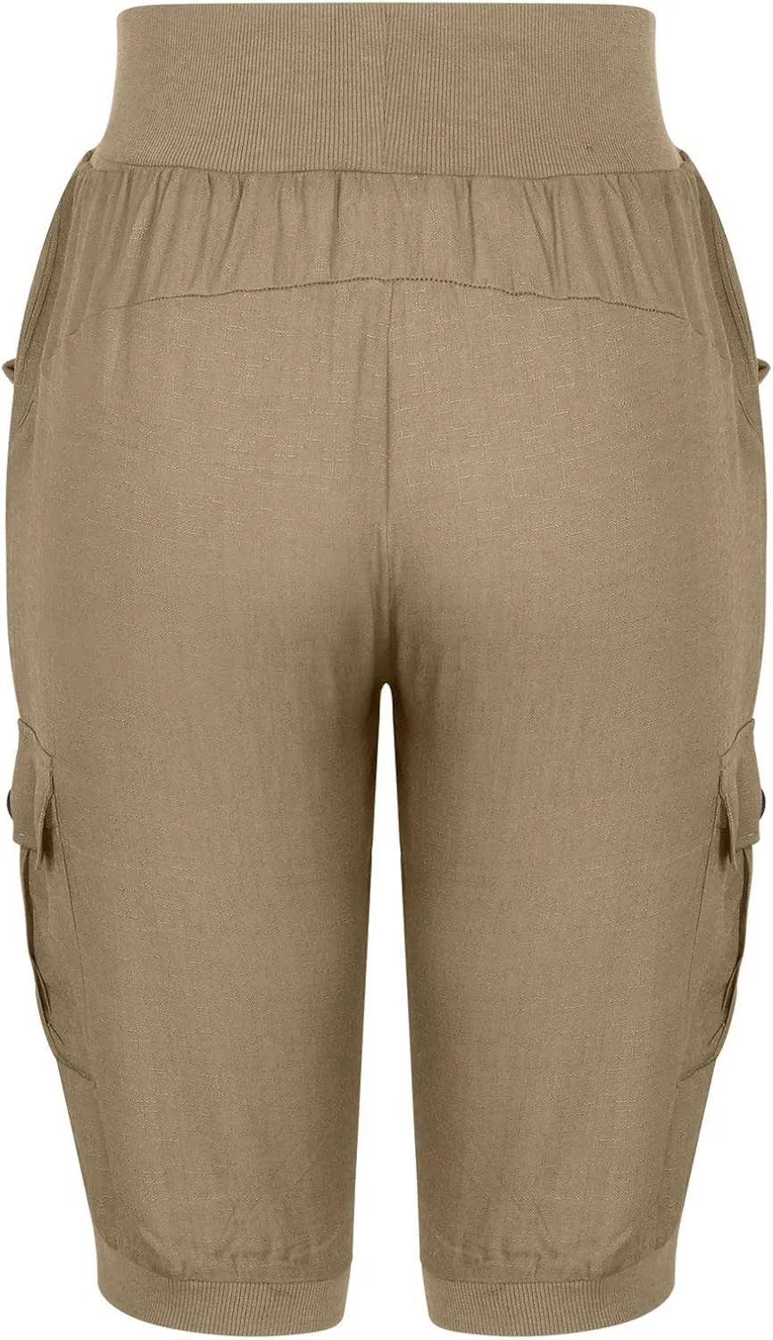 XUNRYAN Cargo Pants Capris Womens Summer Casual Linen Cotton Crop Pants Joggers Palazzo Harem Pants Beach Trousers w Pockets