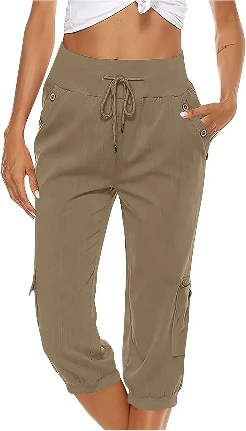 XUNRYAN Cargo Pants Capris Womens Summer Casual Linen Cotton Crop Pants Joggers Palazzo Harem Pants Beach Trousers w Pockets