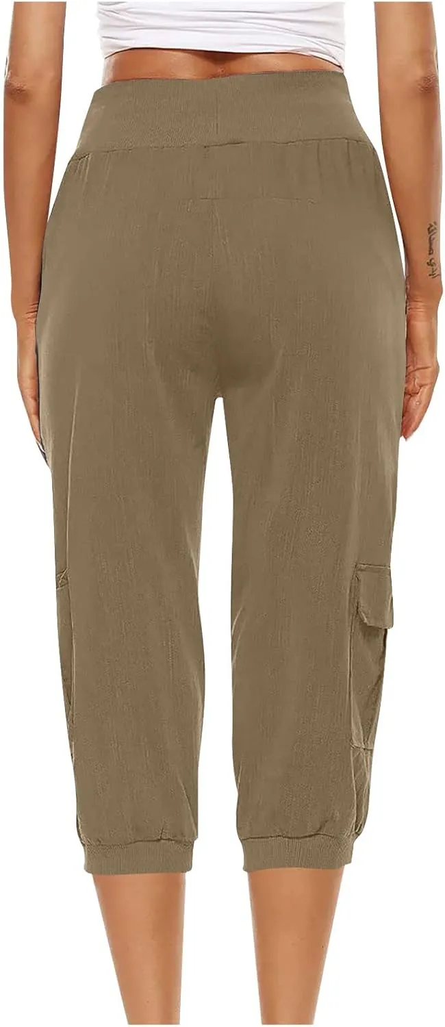 XUNRYAN Cargo Pants Capris Womens Summer Casual Linen Cotton Crop Pants Joggers Palazzo Harem Pants Beach Trousers w Pockets