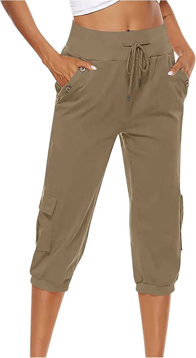 XUNRYAN Cargo Pants Capris Womens Summer Casual Linen Cotton Crop Pants Joggers Palazzo Harem Pants Beach Trousers w Pockets