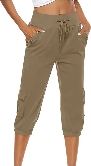 XUNRYAN Cargo Pants Capris Womens Summer Casual Linen Cotton Crop Pants Joggers Palazzo Harem Pants Beach Trousers w Pockets
