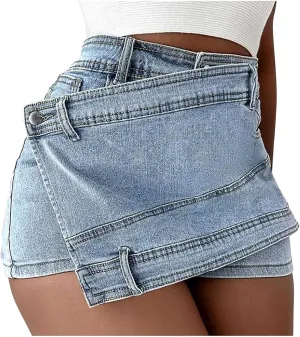 XUNRYAN Women's Summer Ripped High Waisted Distressed Denim Shorts Sexy Mini Skirts 2 in 1 Skorts Beach Vacation Outfits